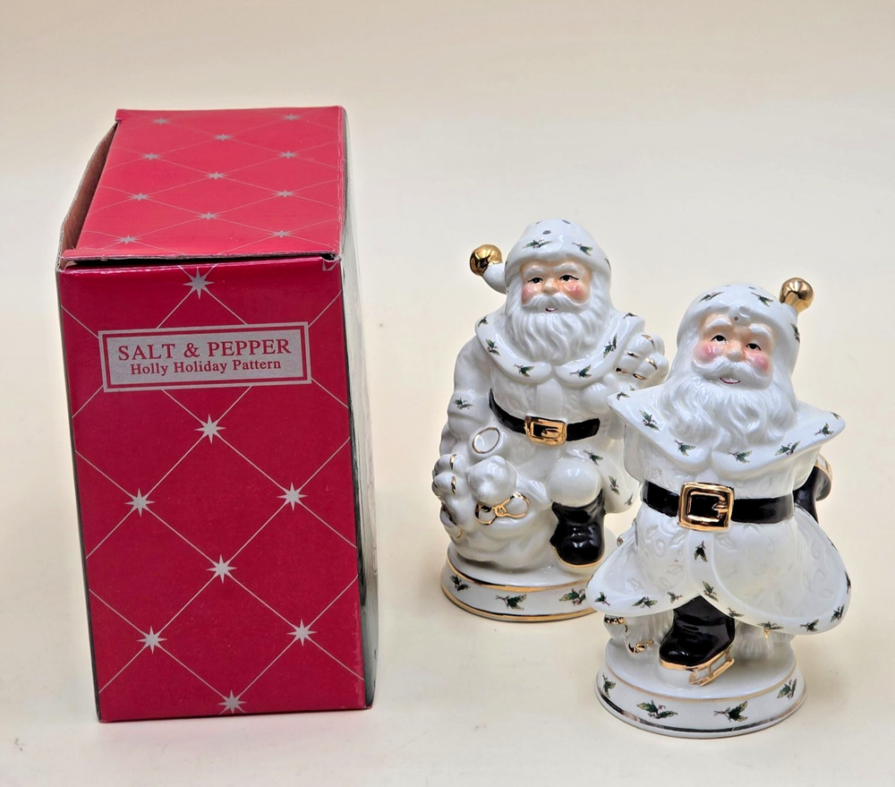 Holly Holiday Santa Ceramic Salt & Pepper Shakers Gold Trim Home Vintage 1999
